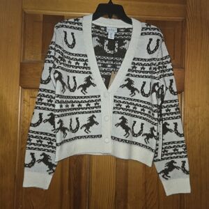 NWT NICOLE MILLER NEW YORK Long Sleeve V Neck Button Horse Fair Isle Cardigan S